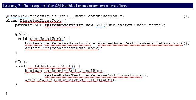 usage of the @Disabled annotation on a test class.JPG